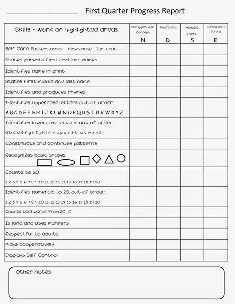 Mrs. O's Kindergarten and Family Blog: Report Card Skills                                                                                                                                                                                 Más Kindergarten Evaluation Report, Preschool Report Card Templates, Kindergarten Progress Report Template, Comments For Kindergarten Report Cards, Kindergarten Progress Report, Weekly Progress Report Preschool, Preschool Report Card, Preschool Progress Report Template, Preschool Progress Report