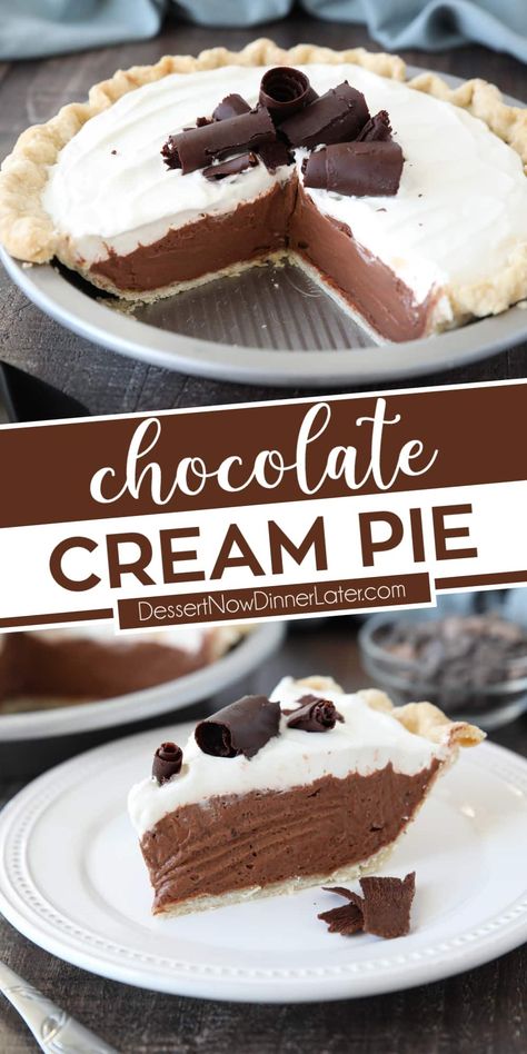 This easy Chocolate Cream Pie recipe can be made quick with store-bought ingredients (like pie crust, Jello pudding, and Cool Whip), or made completely from scratch. Sharing both recipes for this delicious bakery-style pie with creamy chocolate pudding topped with sweetened whipped cream inside of a flaky pastry crust. Chocolate Pudding Pie Easy, Jello Chocolate Pudding Pie, Best Chocolate Cream Pie, Easy Chocolate Cream Pie, Pudding Pie Recipes, Easy Chocolate Pie, Chocolate Cream Pie Recipe, Chocolate Pie With Pudding, Easy Puddings