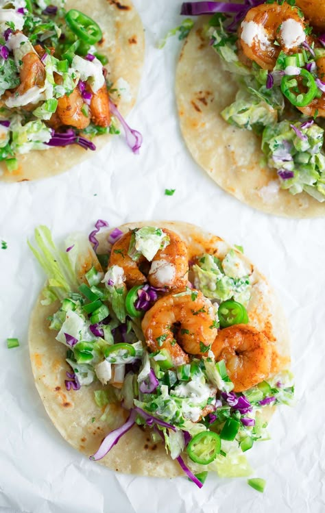 Chili Lime Shrimp Tacos topped with jalapeños and a cool ranch slaw. These tasty seafood soft tacos are ready in 18 minutes! Ranch Slaw, Lime Shrimp Tacos, Cilantro Lime Shrimp Tacos, Cilantro Lime Shrimp, Spicy Tacos, Lime Shrimp, Soft Tacos, Pescatarian Recipes, Shrimp Tacos