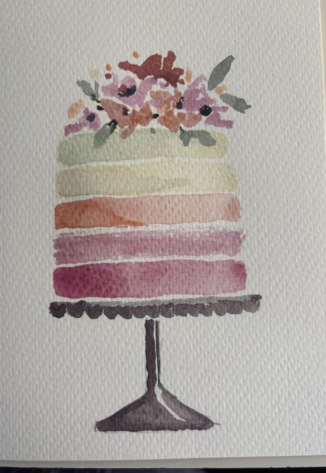 East Watercolour Ideas, Watercolour Cake Painting, Watercolor Cake Painting, Cake Watercolor Painting, Painting On Cards, Watercolor Birthday Card Ideas, Doodles Birthday, Birthday Watercolor Card, Birthday Cake Watercolor