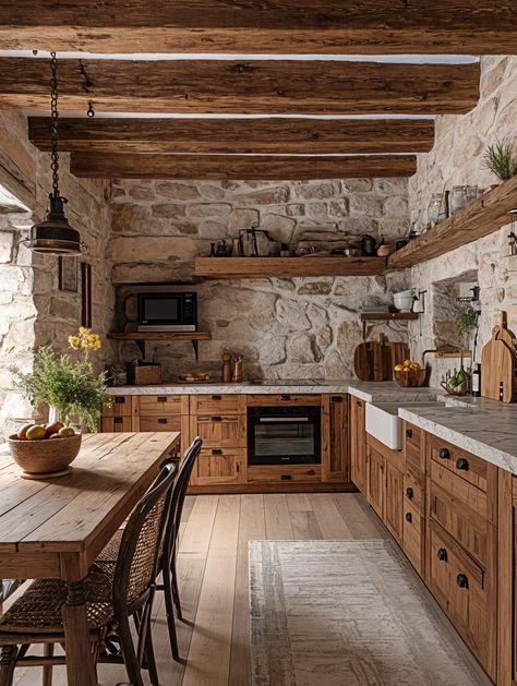 Charming Rustic Kitchen Stone Wall Kitchen, Kitchen Suite, Kitchen Goals, Mexico House, Mediterranean Kitchen, Watching The Sunset, Moroccan Culture, Stone Kitchen, Cozy Kitchen