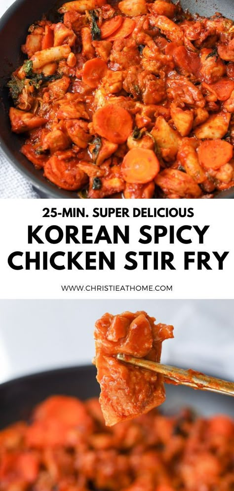 Dak Galbi (Korean Spicy Chicken Stir Fry). Tender juicy chicken stir fried in a smoky, spicy, sweet sauce with carrots, cabbage, perilla leaves, rice cakes and onion. Ready in 25 minutes! #dakgalbi recipe #dak galbi korean chicken #dak galbi aesthetic Chicken Galbi Recipe, Korean Dak Galbi, Dakgalbi Korean Food, Dak Galbi Korean Chicken, Dak Galbi Recipe, Dakgalbi Recipe, Chicken Dakgalbi, Chicken Thigh Stir Fry, Dak Galbi