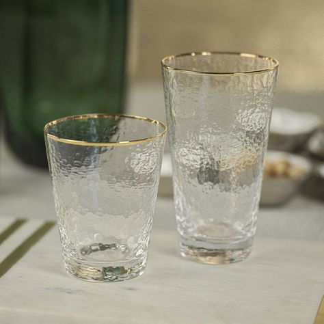 Negroni Hammered Glasses - Clear with Gold Rim Double Old Fashioned Dimensions: 3.5" x 4.25 Capacity: 342 ml // 11.6 oz Highball Dimensions: 3.5" x 6" Capacity: 470 ml // 15.9 oz Stationary Shop, Glasses Clear, Clear Glasses, Highball Glass, Glasses Drinking, Old Fashioned Glass, Negroni, Decorative Pottery, Glass Texture