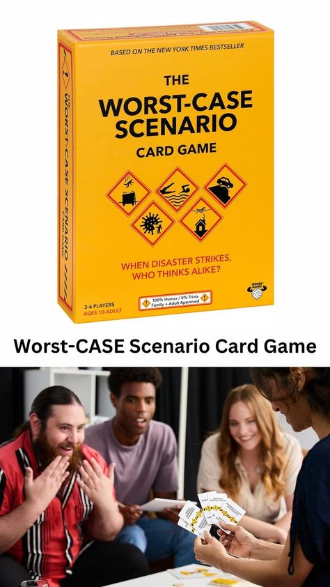 The ALL NEW Worst-Case Scenario Card Game is 0% trivia and 100% humorous fun. An easy-to-learn card game that is perfect for family and adult game night. (Ages 10-Adult / 3-6 Players) Match how players rank five worst-case scenarios from 1 (Bad) to 5 (The Worst). Match correctly and score points. Score the most points...and win! Based on the The New York Times bestselling Worst-Case Scenario Survival Handbook. From the creator of Loaded Questions. Affiliate link Adult Game Night, Family Party Games, Worst Case Scenario, Family Party, New Family, Family Parties, Party Game, Cool Items, Game Night