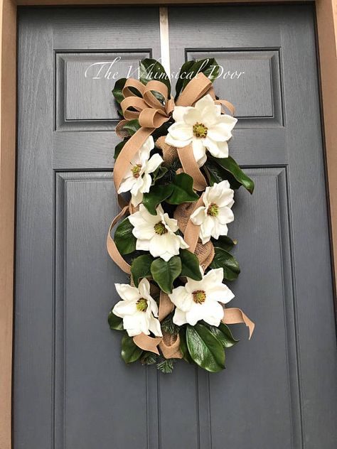 Swag Wreaths For Front Door, Magnolia Swag, Whimsical Door, Double Door Wreath, Swag Wreaths, Magnolia Wreaths, Diy Magnolia Wreath, Spring Front Door, 21st Party