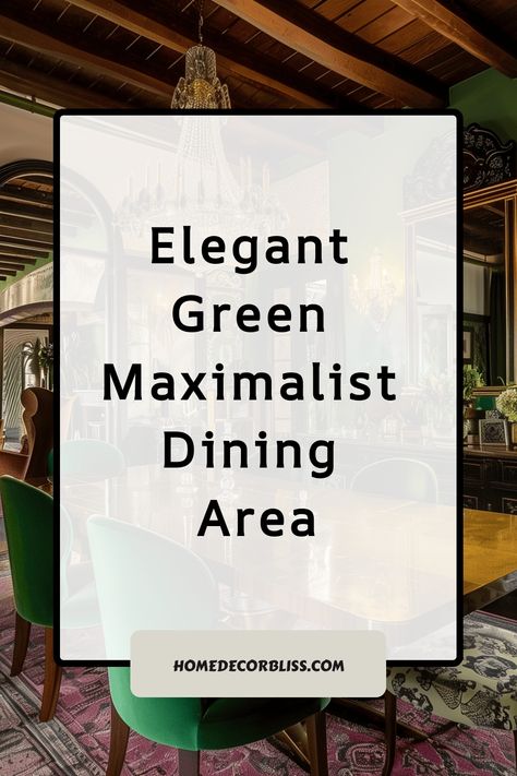 Discover the beauty of an elegant green maximalist dining area, where lush green hues blend with ornate furniture and luxurious textures to create a stunning and inviting space. Elevate your dining experience with this striking design that exudes opulence and sophistication. Perfect for those who appreciate bold decor choices and want to make a statement in their home. Embrace the maximalist style and transform your dining room into a captivating oasis that inspires both awe and admiration. Gree Green Wall Dining Room, Emerald Green Dining Room, Green Dining Rooms, Intricate Wallpaper, Green Velvet Chairs, Maximalist Dining Room, Green Velvet Chair, Green Dining Room, Velvet Chairs