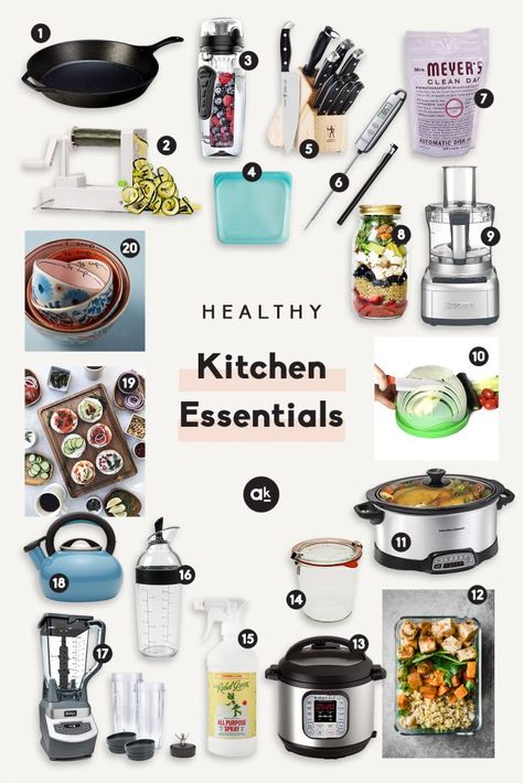 A well-stocked kitchen is key for creating sustainable, healthy habits! These 20 healthy kitchen essentials are perfect for cooking, meal-prepping, and keeping your kitchen organized all week long. Kitchen Necessities List, Kitchen Essentials List, Ambitious Kitchen, Kitchen Necessities, Fruit And Vegetable Storage, Vegetable Storage, Kitchen Must Haves, Healthy Kitchen, Cooking Gadgets