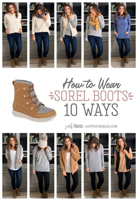 How to wear Sorel boots 10 different ways! These are so comfortable and easy to wear and style and perfect for fall and winter! I would highly recommend them if you are looking for a warm pair or boots to wear this winter! Sorel Out N About Boots Outfit, Sorel Boots Outfit Fall, Pants With Boots Outfit, Sorel Womens Boots Outfits, Sorel Winter Boots Outfit, Sorel Booties Outfit, Outfits With Sorel Boots, Sorel Out And About Boot Outfit, Sorrel Boots Outfit