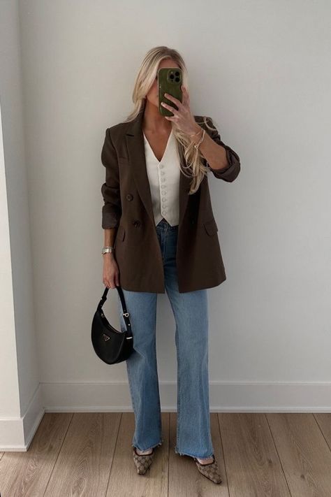 I love this look, it could easily be a cute casual coffee run outfit or even a dressed up office outfit! I love a spring blazer outfit, and this one is so versatile. If you want a laid back going out outfit, this base makes the perfect spring look! I'm always putting together casual and stylish outfits. If you need spring outfit ideas, tap to shop this look and explore my LTK for more style inspiration! Vest And Blazer Outfit, Coffee Run Outfit, Run Outfit, Kathleen Post, Summer Wedding Attire, Blazer Fits, Spring Blazer, Pilates Clothes, Going Out Outfit