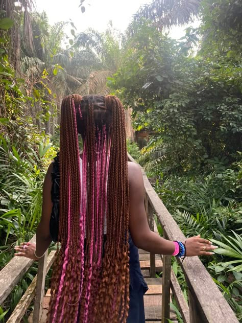 Braids Pink And Brown Knotless Braids With Curls, Brown And Pink Twists, Light Brown And Pink Knotless Braids, Boho Knotless Braids With Color Pink, Ginger And Pink Peekaboo Braids, Yellow And Black Braids, Brown Braids With Pink Beads, Pikaboo Hair Color Braids, Pink And Brown Hair Braids