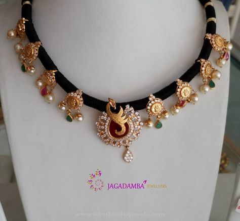 Beautiful Black Dori Necklace Designs, 22K Gold Black Dori Necklace Models, Black Threaded Necklace Collections. Black Thread Gold Jewellery, Threaded Necklace, Thread Necklace, Gold Jewelry Simple Necklace, Silk Thread Jewelry, Gold Mangalsutra Designs, Beautiful Gold Necklaces, Gold Necklace Indian Bridal Jewelry, Black Beaded Jewelry