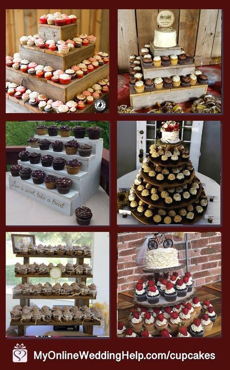 Cupcake Tree Wedding, Cupcake Stand For Wedding, Cupcake Displays Diy, Cupcake Tower Wedding Rustic, Rustic Cupcake Stands For Weddings, Displaying Cupcakes At Wedding, Ways To Display Cupcakes At Wedding, Cupcake Display At Wedding, Wedding Cupcake Designs Rustic