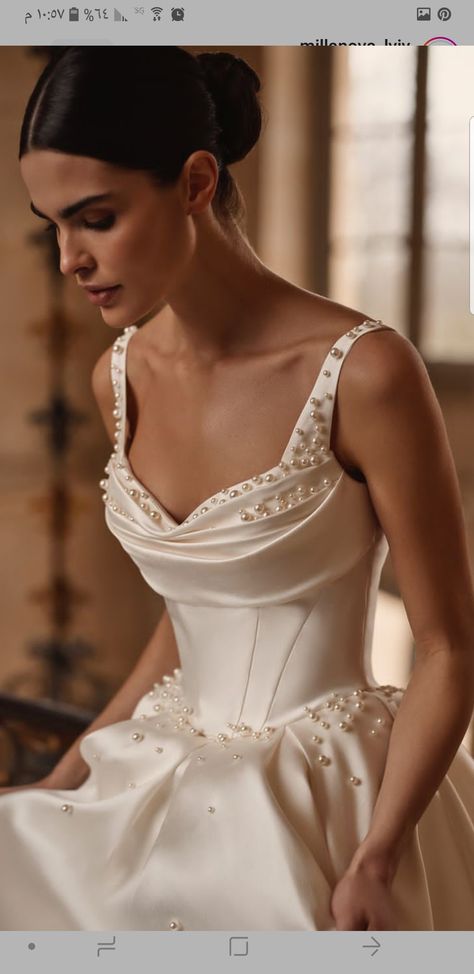 White Gown With Pearls, Satin Wedding Gown With Pearls, Pearl Detail Wedding Dress, Classy Wedding Gown, Wedding Dresses With Pearls, Wedding Dresses Elegant Classy, Wedding Dress With Pearls, Pearl Gown, Pearl Wedding Dress