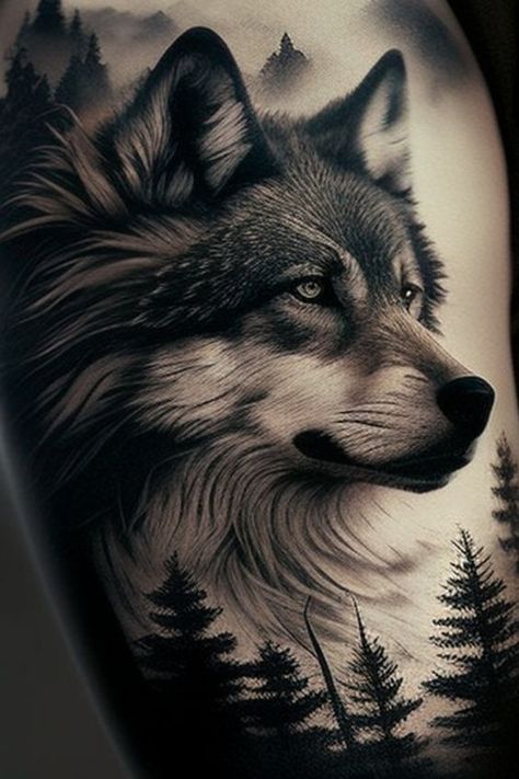 Discover captivating wolf tattoo ideas for guys! From intricate sleeve designs to minimalist wolf tattoos, explore a wide range of options to express your wild side. Whether you're seeking a powerful symbol of strength or a representation of loyalty, these wolf tattoo ideas are sure to inspire. Find the perfect design that resonates with your personality and showcases your individuality. Let the untamed spirit of the wolf come alive on your skin with these stunning tattoo ideas for men. Wolf Protector Tattoo, Wolf And Woods Tattoo, Wolf And Nature Tattoo, Wolf Howling At The Moon Tattoo Design, Side Wolf Tattoo, Wolf Tattoo Side Profile, Wolf Pack Tattoo Design, Animal Lover Tattoo Ideas, Eagle Wolf Tattoo