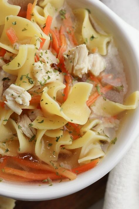 Broth And Noodles, Crusty White Bread, Instant Pot Chicken Noodle Soup, Instant Pot Chicken Noodle, Garlic Carrots, Roasting Garlic In Oven, Creamy Chicken Noodle Soup, Chicken Noodle Soup Easy, Carrots Celery