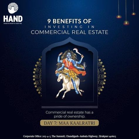 May there be a New Strength of Transforming! On the Seventh Navratri, Hand Group prays to Goddess Kaalratri to shower her blessings on each one of us. #Hand #Benefits #HappyNavratri #Navratri #CommercialRealEstateBenefit #CommercialRealEstate #RealEstate #Builders #Mohali #Himachal #RealEstateQuote #CommercialProperty #Realtors #Zirakpur #HandGroup Mortgage Quotes, Fha Loans, Creative Advertising Design, Real Estate Quotes, Happy Navratri, Corporate Office, Commercial Real Estate, Creative Advertising, Home Loans