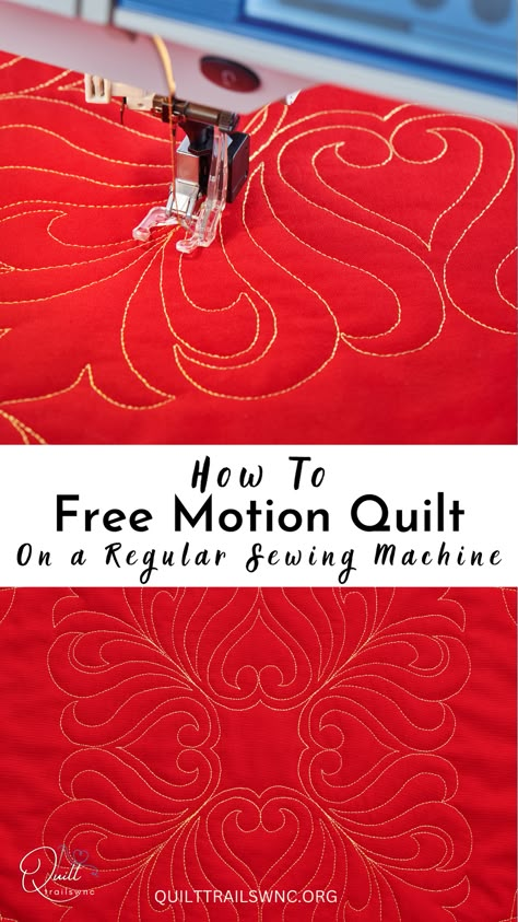 A guide to free motion quilting on a regular sewing machine How To Free Motion Quilt On A Regular Sewing Machine, How To Machine Quilt On A Home Machine, How To Free Motion Quilt For Beginners, Free Form Quilting, Quilting Embroidery Designs, How To Quilt With Sewing Machine, Free Motion Quilting On Domestic Machine, Domestic Machine Free Motion Quilting, Quilting On A Regular Sewing Machine