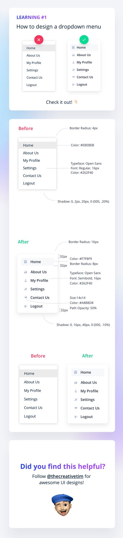 Do you see the differences? 😎 Keep up with us, more before & after examples are coming! #learning #wedesign #dropdown #menu #before #after #inspiration #uiux #howto #font #typography #color #nav Before And After Ux Design, Css Tricks, Typography Color, Graphic Design Portfolio Inspiration, Font Typography, Learn Programming, Portfolio Inspiration, How To Design, Graphic Design Portfolio