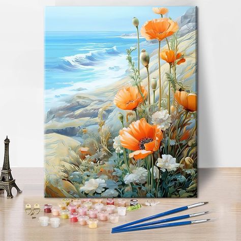 Amazon.com: TUMOVO Paint by Numbers for Adults Beginner Flowers Paint Number Kits Poppies and Daisies Adult Paint by Number Sea View Adult Paint by Number Kits DIY Oil Painting Kits Gift for Kids, 16 x20 Inch : Everything Else Seaside Flowers, Poppies And Daisies, Diy Oil Painting, Diy Fleur, Romantic Artwork, Flowers Acrylic, Seascape Canvas, Diy Oils, Soyut Sanat Tabloları