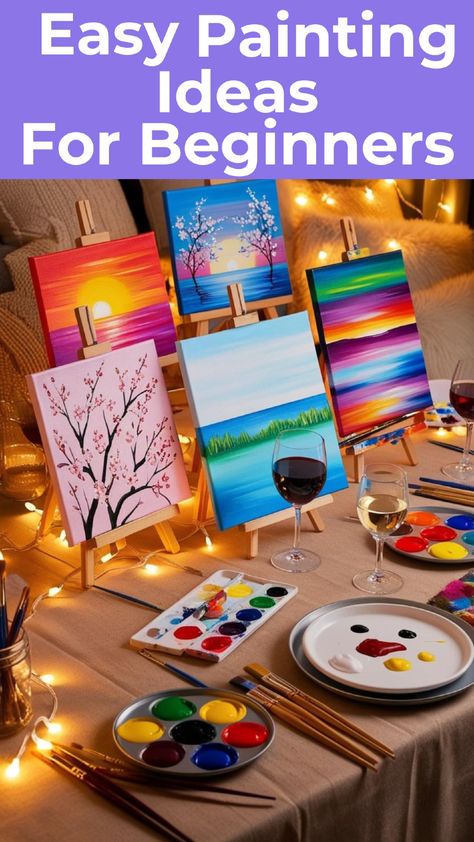 Hosting a paint and sip night? 🎨🍷 Check out these 5 easy painting ideas that are perfect for beginners! From serene sunsets to abstract shapes and seasonal art, these fun designs will inspire creativity and ensure everyone has a blast. Grab your brushes, wine glasses, and start planning your unforgettable night! #PaintAndSip #PaintingIdeas #DIYParty #CreativeNights #WineAndPaint" Easy Painting With A Twist Ideas, Paint Activities For Adults, Diy Paint And Sip Date Night, Pretty Canvas Painting Ideas Easy, Paint And Sip Birthday Party Ideas For Adults, Double Canvas Painting Ideas Easy, Sip N Paint Ideas Easy, Paint And Pass Ideas, At Home Paint And Sip Party Ideas