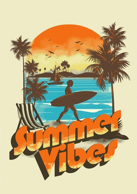 Vintage Shirt Design, Summer Logo, Surfing Pictures, Beach Artwork, Summer Poster, Summer Surf, Beach Posters, Summer Design, Vintage Summer