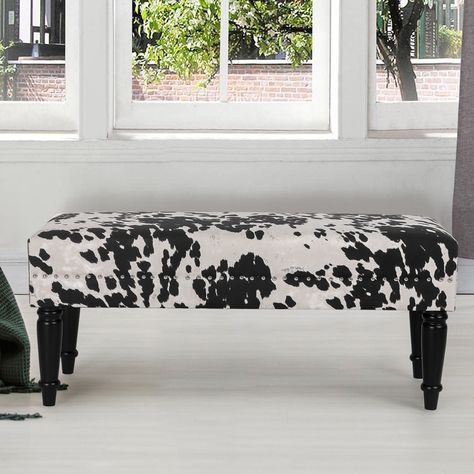 -【Unique Design】 Our long ottoman bench features milk cow pattern in velvet, nail-head trim along the edge for eye-catching elegance, which was supported by steady wood legs. Cow Print Fabric, Upholstered Bench Bedroom, Mid Century Modern Bench, Farmhouse Flair, Upholstered Bedroom, Fabric Bench, Salon Suites, Rustic Bench, Black Ottoman