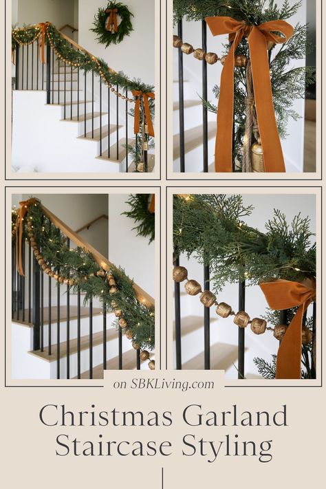 HOLIDAY / I'm sharing this country farmhouse holiday Christmas decor with layered garland staircase. Green garland paired with a velvet ribbon and hanging cow bells and gold beads. Shop my favorites! | SBK Living Green Garland Christmas, Layered Garland, Garland On Railing Christmas, Stair Garland Ideas, Stocking On Staircase, Garland On Light Fixture, Garland On Railing, Ribbon On Garland, Christmas Staircase Garland