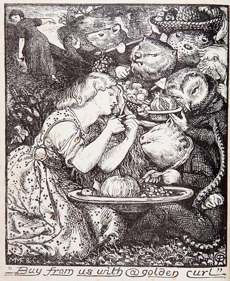 Dante Gabriel Rossetti, Goblin Market, "She clipped a precious golden lock, She dropped a tear more rare than pearl..." Christina Rossetti Kelmscott Press, Goblin Market, Victorian Literature, Gabriel Rossetti, Christina Rossetti, Dante Gabriel Rossetti, John Everett Millais, Tate Britain, William Turner