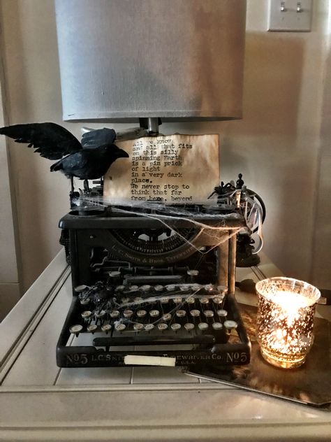 Vintage Inspired Halloween Decor, Halloween Boutique, Gothic Halloween Tablescape, Dark Academia Decor Halloween, Old Victorian Halloween Decor, Gothic Writer Aesthetic, Halloween Typewriter Display, Old Typewriter Decor Display, Spooky Diy Halloween Decor