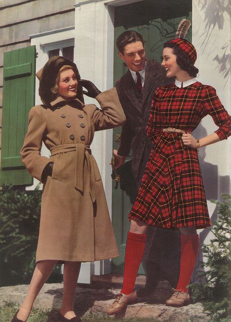 1940's -- love her look with the knee highs 40s war era fashion socks red plaid dress camel coat 40s color photo print style women Plaid Winter Coat, 1940s Fashion Women, Fashion 1940s, Vintage Socks, Lauren Hutton, 40s Fashion, Vintage Winter, Vestidos Vintage, Fashion Advertising