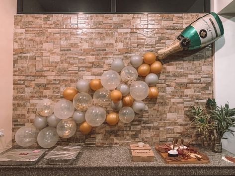 Stock The Bar Engagement Party Ideas, Stock The Bar Party Ideas Decorations, Stock The Bar Party Decorations, Stock The Bar Party Ideas, Bar Party Ideas, Stock The Bar Party, Champagne Balloon, Engagement Party Ideas, Champagne Balloons