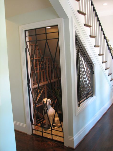 Stair Layout, Space Under Stairs, تحت الدرج, Wine Closet, Dog Spaces, Dog Room, Under The Stairs, Wrought Iron Gate, Smart Tiles