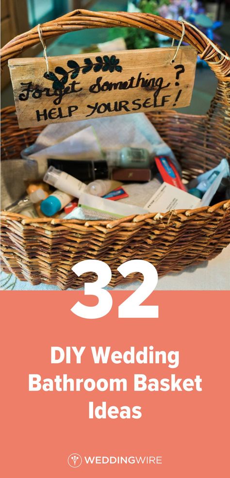 Basket In Bathroom For Wedding, Toilet Baskets At Weddings, Guest Toiletries Basket Wedding Bathroom, Basket For Wedding Favors, Wedding Guest Basket, Wedding Bathroom Essentials, Wedding Guest Baskets For Bathroom, Diy Wedding Bathroom Basket, Wedding Bathroom Baskets Ideas