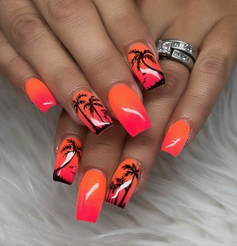 Nails For California Vacation, Sunset Beach Nails, Mexico Vacation Nails Cancun, Cruise Nails Caribbean Carnival, Dominican Republic Nails, Elegant Beach Nails, Orange Beach Nails, Tiki Nails, Island Nails Designs