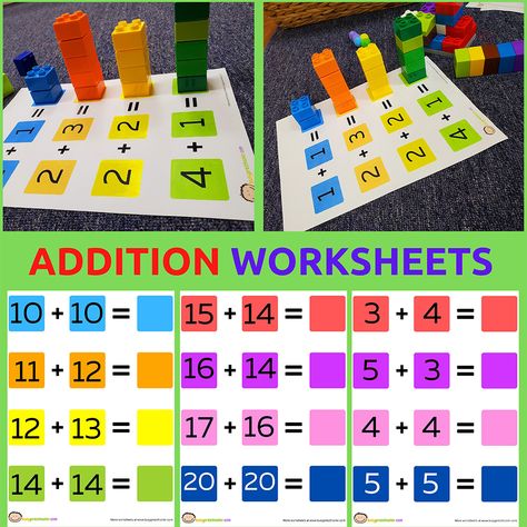 Let your kids have fun doing math and building towers with this FREE printable. Math Towers Free Printables, Adjectives For Kids, Math Template, Adding Numbers, Pattern Worksheet, Tower Games, Learning Shapes, Addition Worksheets, Adding And Subtracting