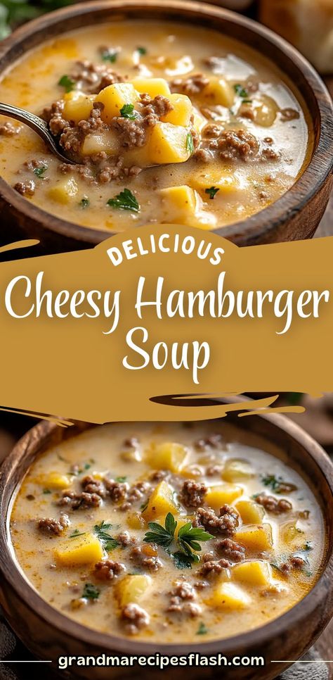 This Cheesy Hamburger Potato Soup is the ultimate comfort food, combining hearty ground beef, tender potatoes, and a creamy cheese broth for a rich, satisfying meal. Perfect for chilly nights, it’s quick to prepare and full of flavor! Dinners For One Person, Cheesy Hamburger Soup, Hamburger Soup Recipes, Cheesy Hamburger Potato Soup, Hamburger Soup Crockpot, Cheese Burger Soup, Burger Soup, Hamburger Potato Soup, Hamburger Stew