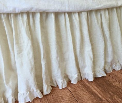 2 ½ X gathered dust ruffle finished with ruffle hem, add a feminine touch to your elegant bed.  Shown in neutral CREAM linen. All ruffles are finished by hand, not ruffle machine. Made to order in Twin, Full/Queen, King, California king, or custom size. ❤The listing is for bed skirt made with traditional decking. Now you have the option of replacing traditional decking with the detachable design for easy install and laundry, see here:  https://www.etsy.com/listing/264434575/easy-on-bed-skirt-wit White Linen Bed, Linen Bed Skirt, Linen Bedskirt, White Bed Skirt, White Linen Sheets, Chic Bed, Skirt With Ruffle Hem, Farmhouse Bedrooms, California King Size Bed