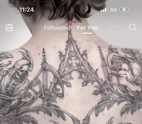 Gothic Back Of Neck Tattoo, Gothic Throat Tattoo, Goth Throat Tattoo, Gothic Spine Tattoos For Women, Gothic Sternum Tattoo Women, Victorian Chest Tattoo, Cathedral Back Tattoo, Gothic Spine Tattoo, Gothic Underboob Tattoo