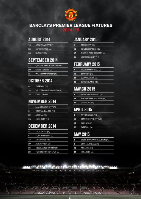 2014/15 League Fixtures | Manchester United Football Club Manchester United 2014, Football Fixtures, Premier League Fixtures, Queens Park Rangers, Swansea City, Manchester United Football Club, Soccer Poster, Stoke City, Football Love