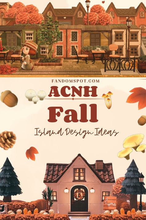 Looking to spice up your ACNH island this autumn? Then you'll love our custom inspo list dedicated to design ideas for fall. The list includes interior styles, exterior home designs, outdoor cafe ideas, and so much more Acnh Fall Home Exterior, Acnh Fall Clothes Codes, Acnh Fall House Exterior, Acnh Autumn Town, Fall Themed Animal Crossing Island, Acnh Gilmore Girls Theme, Acnh Autumn Island Ideas, Animal Crossing Thanksgiving Designs, Acnh Fall Island Names