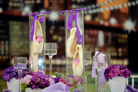 Close-Up of the centerpieces on the adult tables alongside florals and candles. #NYC #dance #batmitzvah #ballet Ballet Centerpieces Ideas, Dance Centerpieces, Bat Mitzvah Centerpieces, Ballerina Party Decorations, Mitzvah Centerpieces, Bnai Mitzvah, Dance Theme, Ballet Birthday Party, Mitzvah Themes