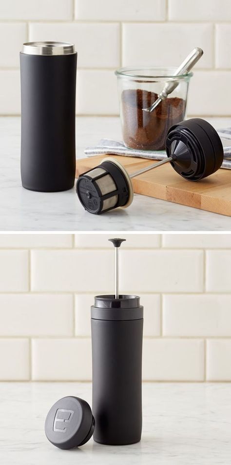 13 Modern Gift Ideas For Coffee Connoisseurs // This travel mug lets you brew a tasty french press coffee without the need for a separate french press coffee maker. French Press Design, Corporative Events, Coffee Plunger, Morning Elixir, Gadget Accessories, Travel Coffee Maker, Coffee Infographic, Coffee Maker Machine, French Press Coffee Maker