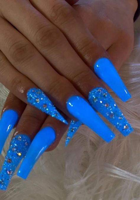 Glam Blue Nails, Royal Blue Bling Nails Rhinestones, Glam Birthday Nails Blue, Black And Blue Nail Ideas, Royal Blue Stiletto Nails, Blue Stelito Nails, Blue Righnstone Nails, Powder Blue Nails, Blue Stiletto Nails