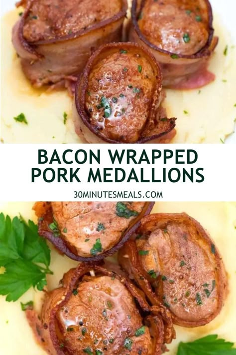 Bacon-wrapped pork medallions are a succulent and savory dish featuring tender pork tenderloin wrapped in crispy bacon. Bacon Wrapped Pork Chop Recipes, Bacon Wrapped Pork Tenderloin Filets, Braided Pork Tenderloin With Bacon, Bacon Wrapped Pork Tenderloin Medallions, Pork Wrapped In Bacon, Pork Medallions Recipes, Bacon Wrapped Pork Filet, Bacon Wrapped Pork Medallions, Tender Pork Tenderloin