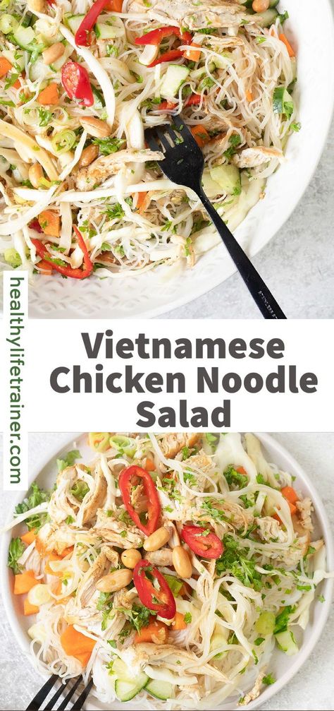 Vietnamese Chicken Noodle Salad – A fresh, delicious and healthy salad made with rice noodles, chicken, carrots, cucumber and cabbage. Mixed with an easy made Vietnamese style sweet and tangy salad dressing and topped with crunchy peanuts. Perfect for an easy family dinner. #Chickennoodlesalad #Noodlesalad #Vietnamesesalad Asian Rice Noodle Salad, Shredded Chicken Rice, Chicken Rice Noodle, Chicken Noodle Salad, Chicken Rice Noodles, Vietnamese Salad, Vermicelli Rice, Fodmap Chicken, Refreshing Salads