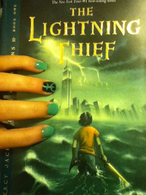 Nail art inspired by The Lightning Thief by Rick Riordan and created by @aegranahan Percy Jackson Nails Designs, Book Nail Art, Lightning Thief, Frank Zhang, The Olympians, The Lightning Thief, Piper Mclean, Jason Grace, Inspired Nails