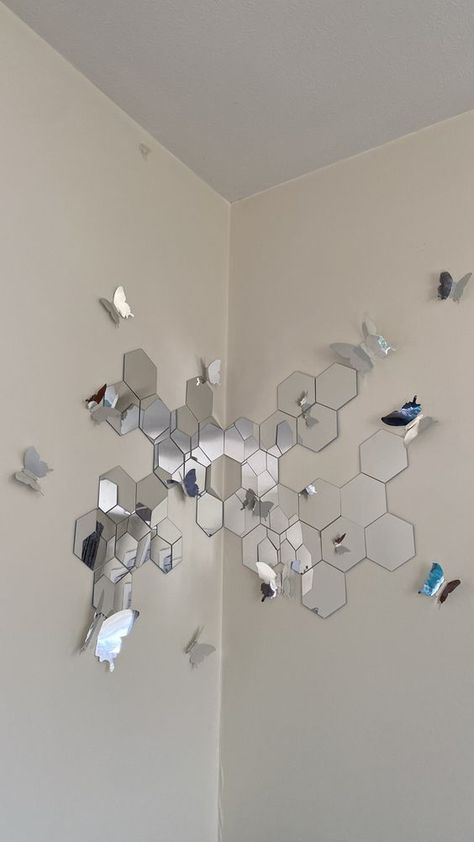 Mirrors can be heavy and expensive to install. These sticker mirror sheets are an inexpensive and more flexible option to have mirrors in your living space. You can use one piece, or multiple pieces to create a large mirror. 
#home decoration
#mirrors Hexagon Wall Mirror Decor, Hexagonal Mirror Wall Decor, Hexagon Mirror Design, Mirror Wall Decor Bedroom Aesthetic, Hexagon Mirror Wall Decor Living Room, Butterfly Mirror Decor, Hexagon Mirror Wall Decor Bedroom, Hexagon Mirror Wall Decor Ideas, Honeycomb Mirror Wall Decor