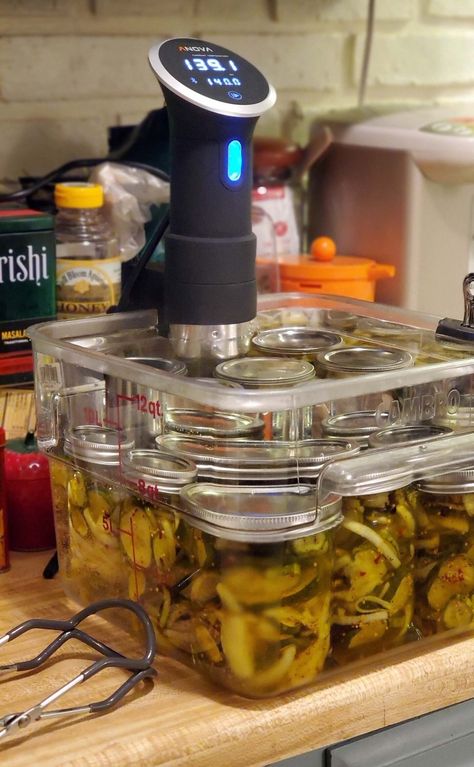 How to Use a Sous-Vide Circulator to Can Pickles | Lifehacker Can Pickles, Sous Vide Vegetables, Salt Block Cooking, High Acid Foods, Low Acid Recipes, Fermented Pickles, Sous Vide Recipes, Pickle Butter, Cook Smarts