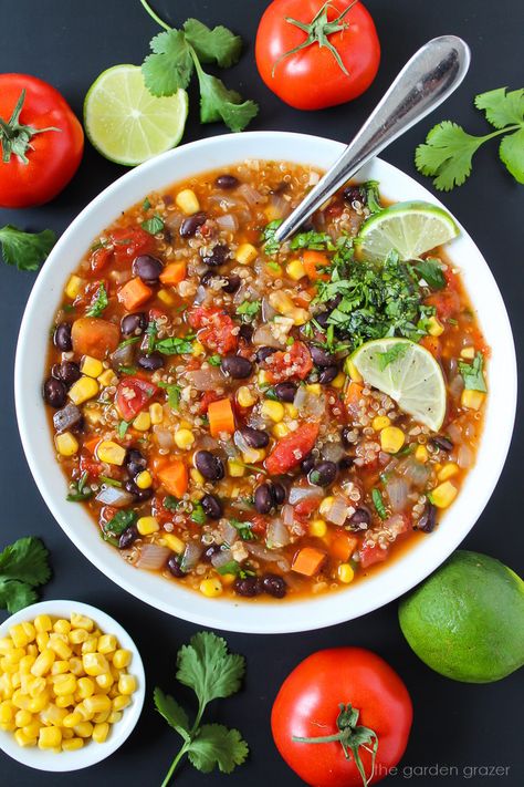 Black Bean Quinoa Soup (Easy!) - The Garden Grazer Quinoa Soup Vegetarian, Chili Board, Quinoa Soup Recipes, Vegan Quinoa Recipes, Healthy Vegan Soup, Garden Grazer, Bean Quinoa, Black Bean Soup Recipe, Quinoa Soup