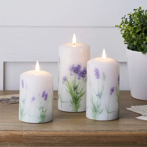 TruGlow® Lavender LED Pillar Candle Trio | Lights4fun.co.uk Lavender Bathroom, Lavender Bedroom, Battery Powered Candles, Flameless Candle Set, Purple Bathrooms, Led Pillar Candle, Pillar Lights, Lavender Candle, White Wax